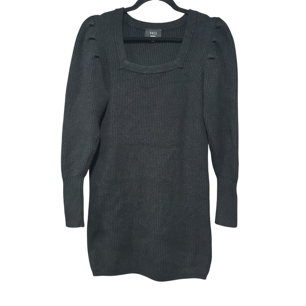 VICI Black Ribbed Knit Puff Sleeve Square Neck Mini Dress  Medium